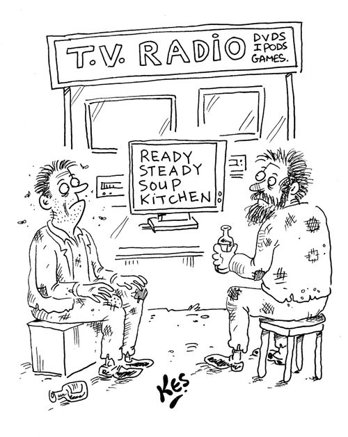 Tramps watch television programme: 'Ready Steady Soup Kitchen.'