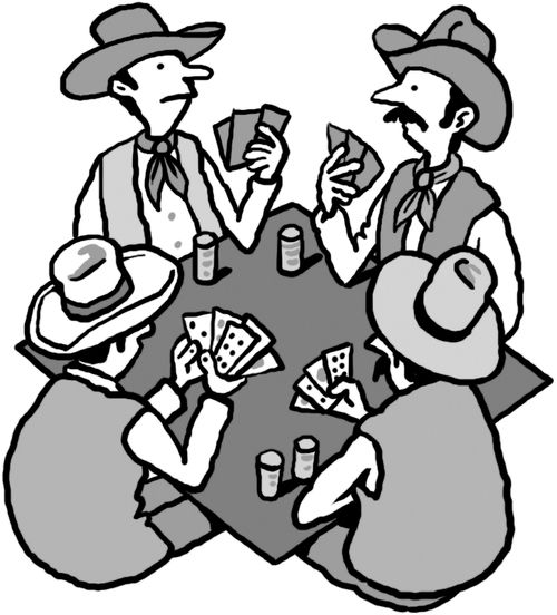 Four cowboys playing cards.