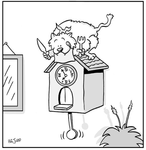 Cat sitting on cuckoo clock with napkin, knife and fork waiting for bird with a hungry look on his face.