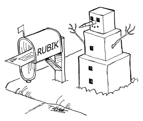 Rubik builds a snowman out of cubes.