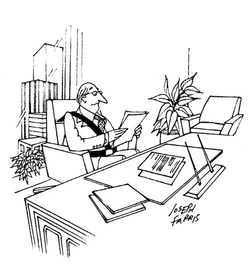 Man reading report with safety belt on.