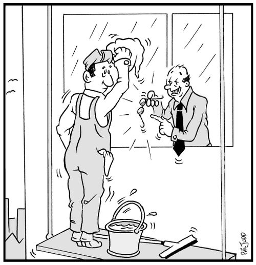 Window cleaner high up washing a buildings window. Man leaning out of the window asking him to clean his glasses.