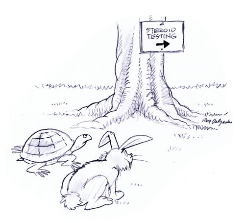 Tortoise and hare looking at sign for steroid testing.