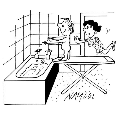 Child about to jump off ironing board into bath.