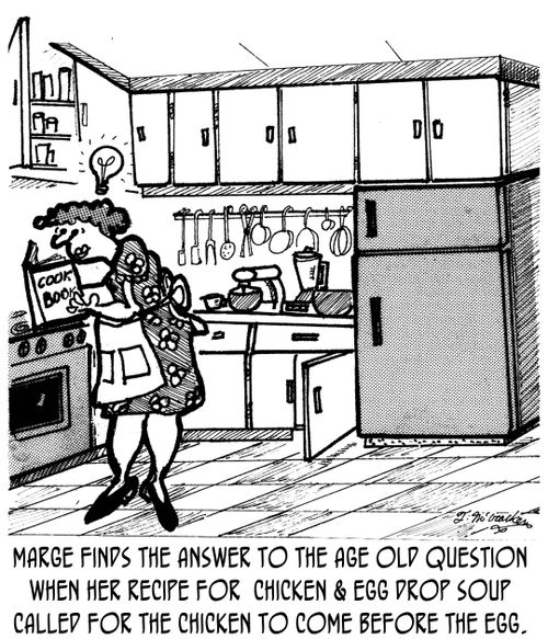 Marge finds the answer to the age old question when her recipe for chicken & Egg drop soup called for the chicken to come before the egg.
