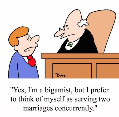 'Yes, I'm a bigamist, but I prefer to think of myself as serving two marriages concurrently.'