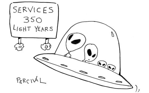 Alien family. Mother alien concerned that kids won't hold on till next rest stop.