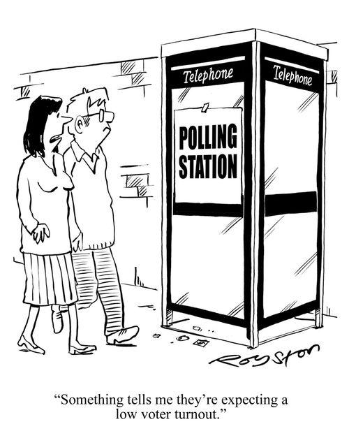 'Something tell me they're expecting a low voter turnout.' (Polling station is a phone box.)