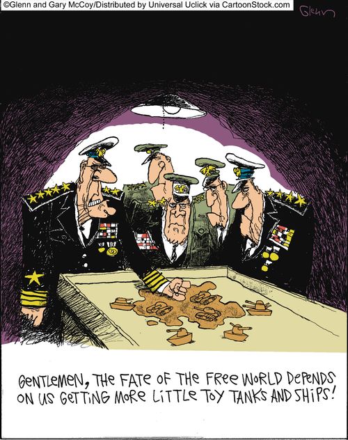 'Gentlemen, the fate of the free world depends on us getting more little toy tanks and ships!'