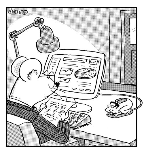 Mouse operating computer with human 'mouse.'