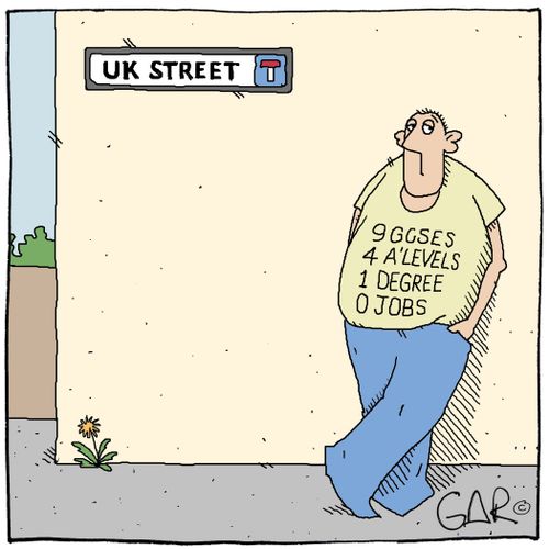 UK Street - 9 Gcse's, 4 A levels, 1 Degree, 0 Jobs.