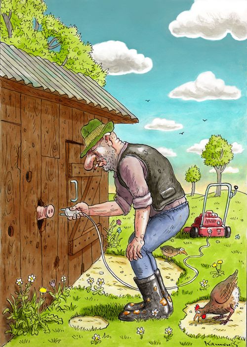 Farmer tries to plug his lawn mower into a pig.