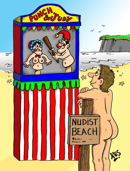 Man at Nudist beach, watches a naked Punch & Judy show.