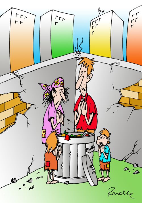 Poor family say grace around a bin.