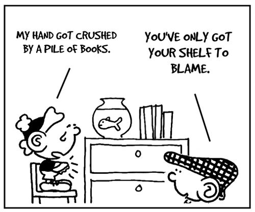 'My hand got crushed by a pile of books.'
