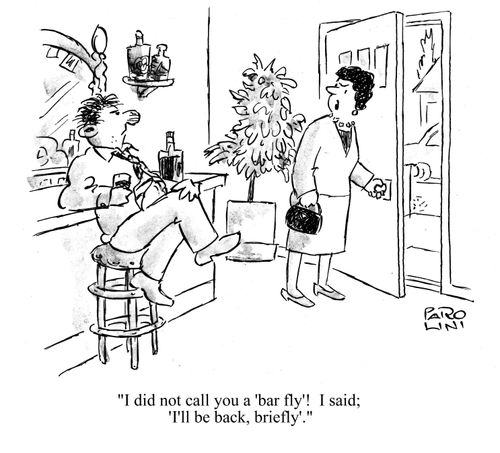 'I did not call you a 'bar fly'! I said; 'I'll be back, briefly'.'