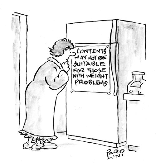 Fridge with sign - 'Contents may not be suitable for those with weight problems'.