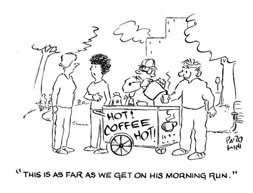 'This is as far as we get on his morning run.' (coffee stand).