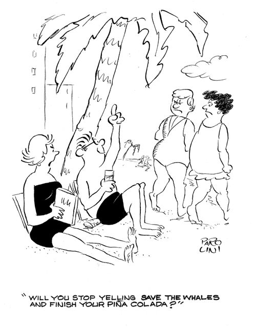 'Will you stop yelling save the whales and finish you pina colada?'