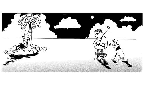 Golfer approaches desert island.