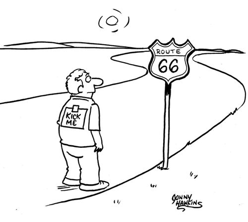 Man sees 'Route 66' has 'Kick Me' sign on back.