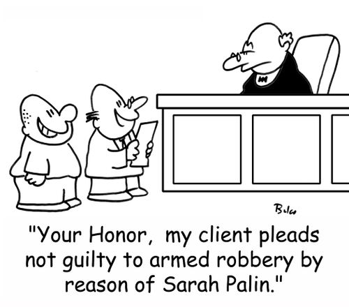 'Your Honor, my client pleads not guilty by reason of Sarah Palin.'
