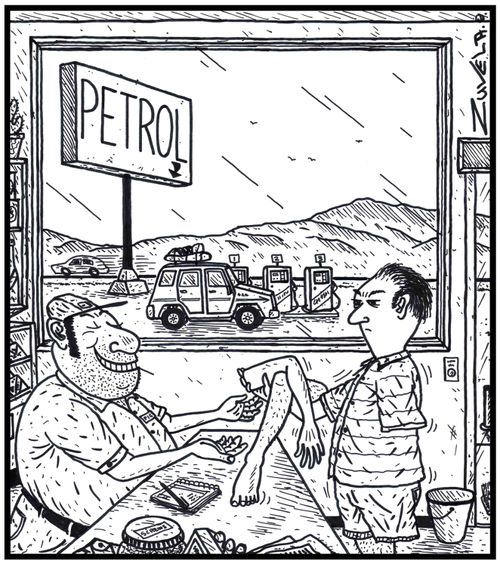 A customer angry about the cost of petrol costing an arm and a leg, handing over his arm and a leg to a greedy petrol station owner.