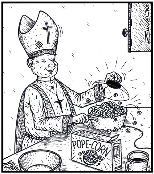 Pope-Corn - the Pope cooking his own brand of popcorn