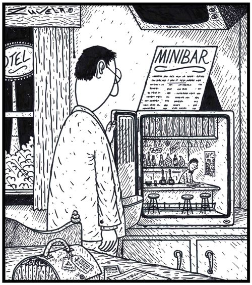 'Minibar' - A HotelMotel with an actual miniature Bar and Bartender in its minibar fridge.