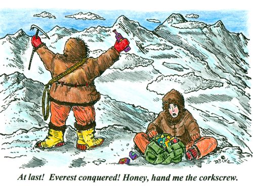 'At last! Everest conquered! Honey, hand me the corkscrew.'