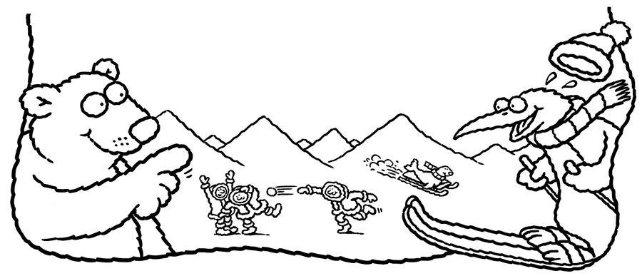 Penguin and polar bear watching Eskimos throw snowballs.