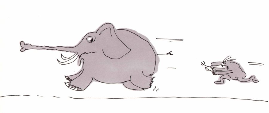 Hungry man chasing elephant with knife and fork