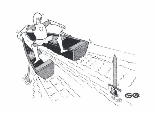 Excalibur sword in lake slicing boat in half.