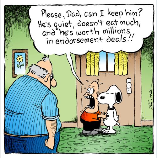 "Please, Dad, can I keep him? He's quiet, doesn't eat much, and he's worth millions in endorsement deals!"