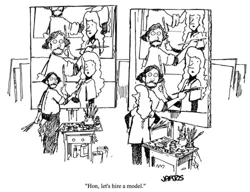 Couple painting each other - one turns to the other and says, 'Hon, let's hire a model.'