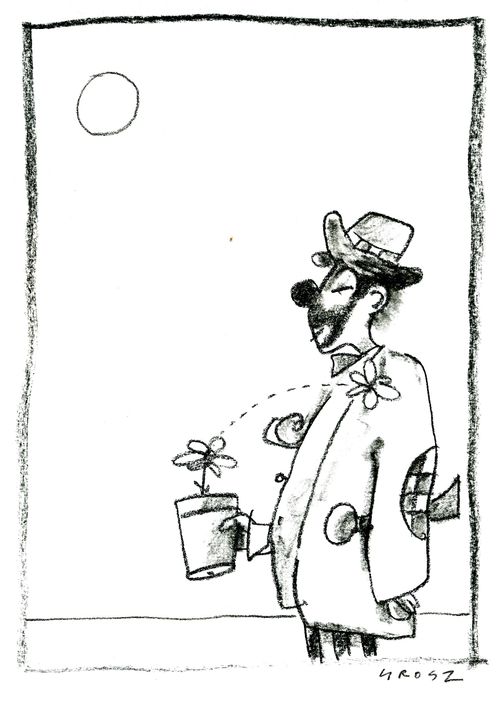 Clown waters his plant from the flower on his coat.