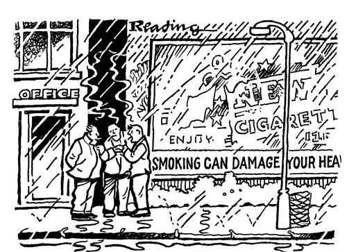 Smokers outside the office in front of a giant billboard proclaiming 'Smoking Can Damage Your Health'.