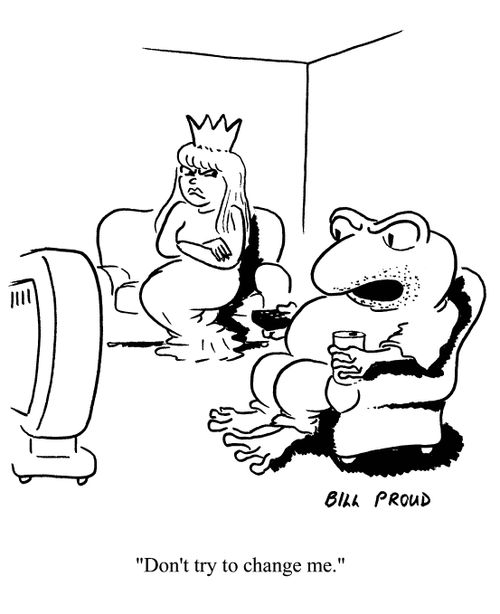 'Don't try to change me.' (Grumpy princess glaring at a frog.)