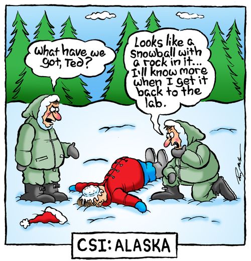 CSI: Alaska.  "What have we got, Ted?"   "Looks like a snowball with a rock in it...I'll know more when I get it back to the lab."