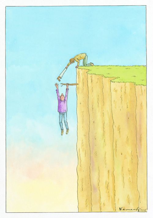 Man dangling from a cliff by a branch gets handed a saw.