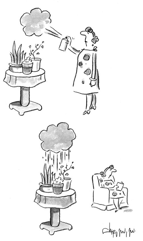 Woman Sprays Plants - Acid Rain Cloud Forms.