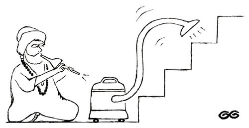 Snake Charmer Cleaning Stairs with Vacuum.