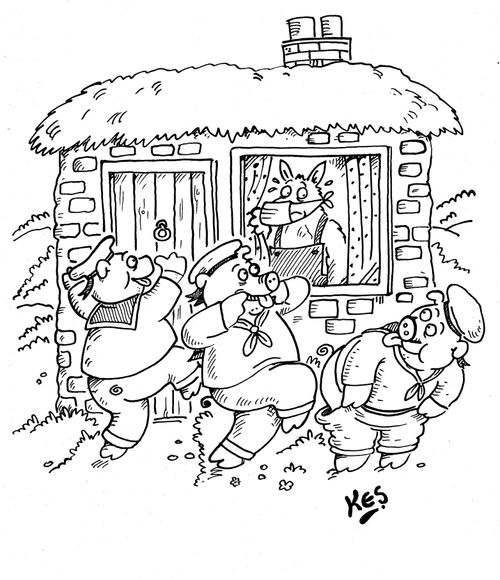 The three little pigs taunt the big, bad wolf, as he remains in his house, fearful of catching 'swine flu'.