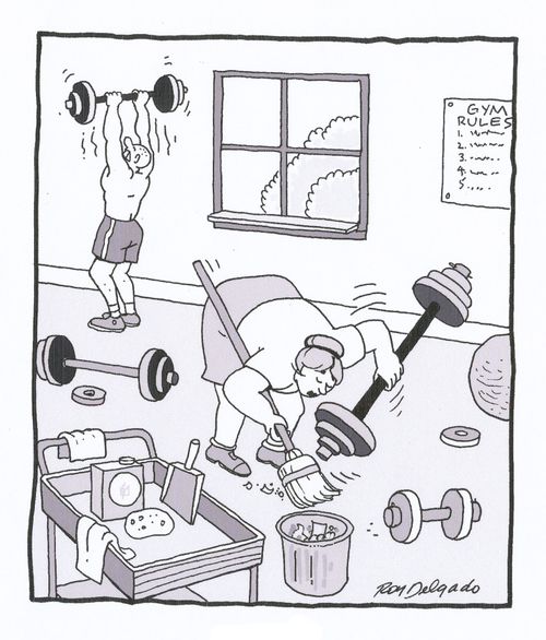 Cleaning lady picking up weights