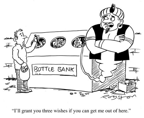 Genie in bottle bank says: 'I'll grant you three wishes if you can get me out of here.'