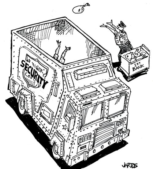 Security van being filled with bags of money from a bank.