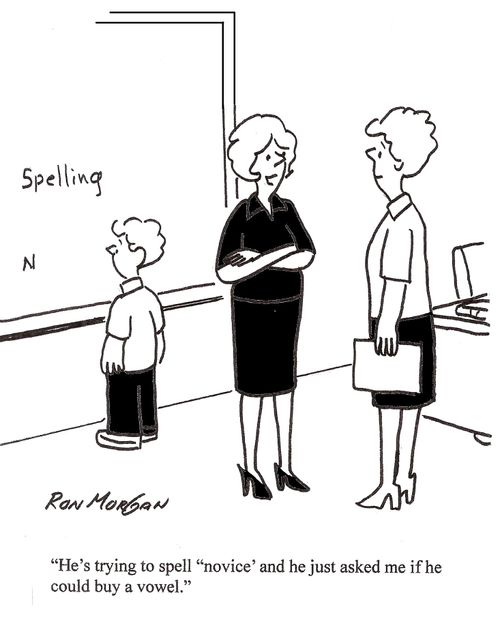'He's trying to spell novice and asked if he could buy a vowel,'
