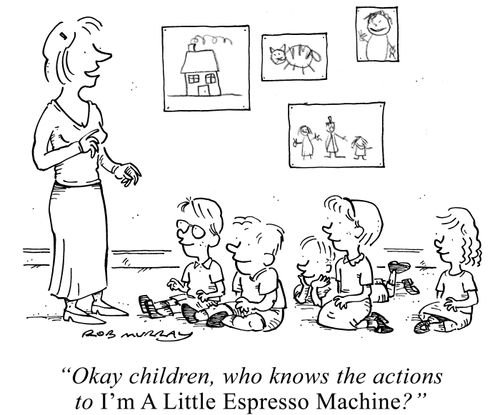 'Okay children, who knows the actions to I'm A Little Espresso Machine?'