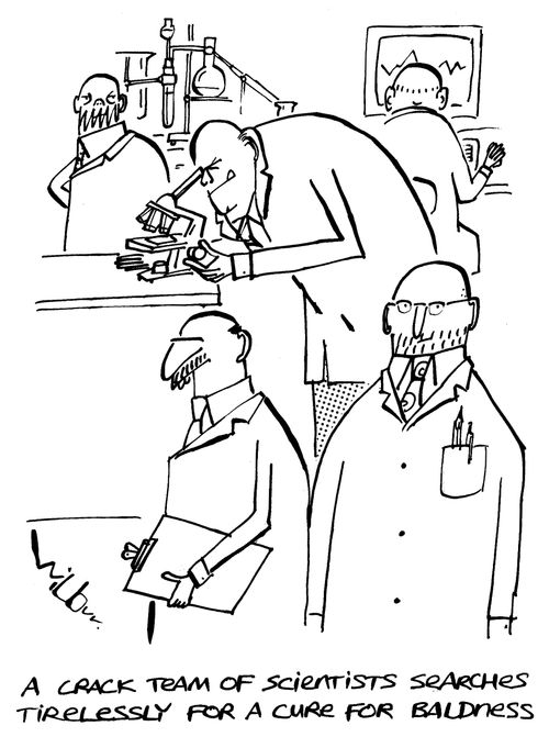 'A crack team of scientists searches tirelessly for a cure for baldness.'