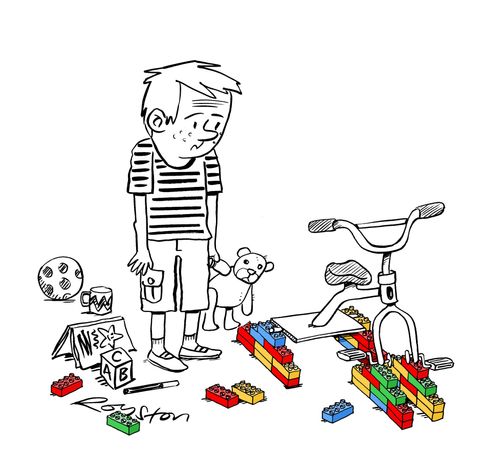 Boy finds tricycle propped up on building bricks after wheels stolen.